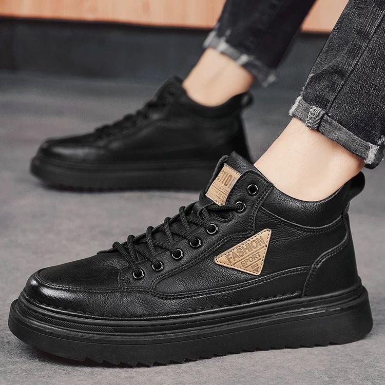 Spring Autumn New Ankle Boots, Men's Trendy and Versatile Thick-soled Casual Leather Shoes Workwear and Board Shoes H278