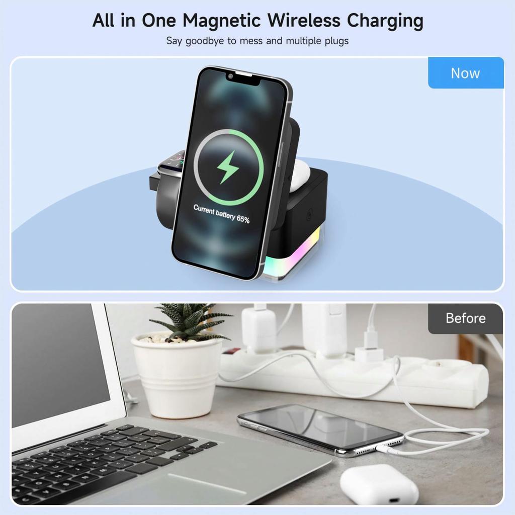 JEDI 2025 Simple Fast Charing 4 in 1 Cylindrical Wireless Charge Station Magic Cube Charger 3In1 Magnetic With RGB Light