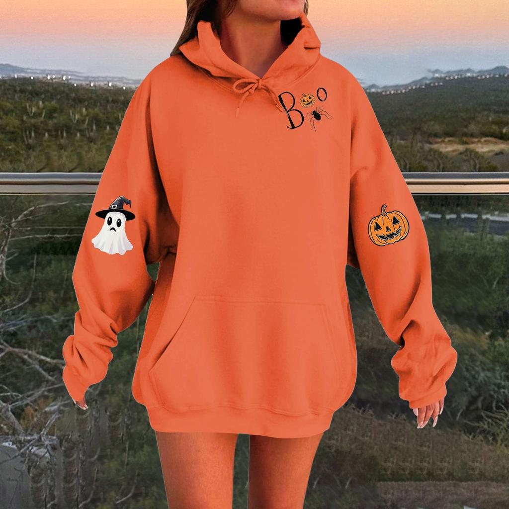 Women's Solid Color Long Sleeve Casual Halloween Print Pullover Hooded Sweatshirt