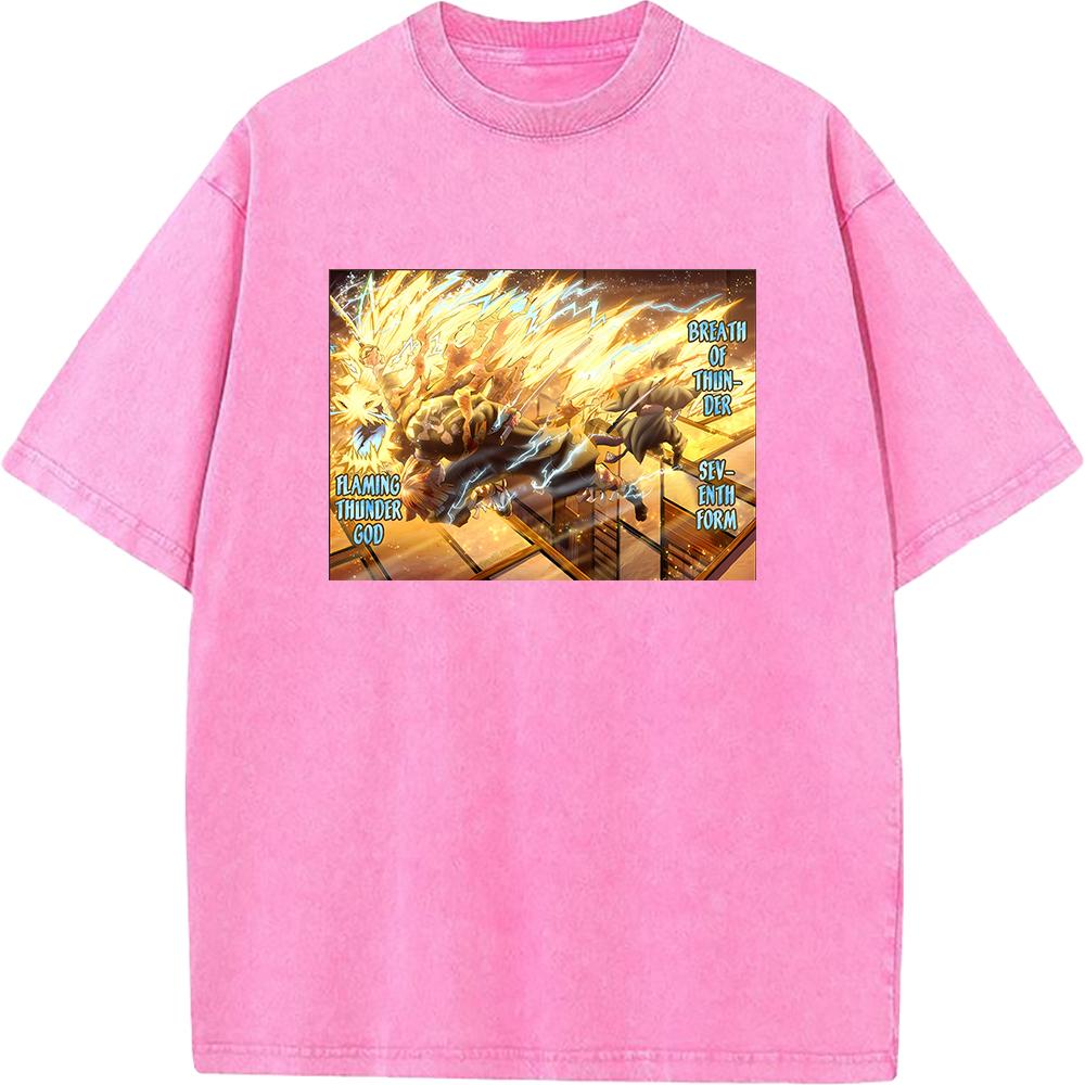 Hot Anime Demon Slayer Agatsuma Zenitsu Kaigaku Print T-shirt Men Retro Washed Tshirts Casual Cotton T Shirt Harajuku Male Tops