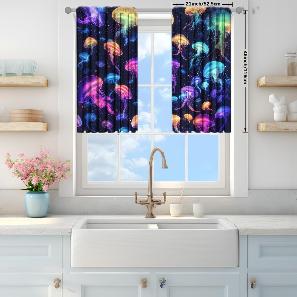 2pcs Brilliant Colored Jellyfish Printed Curtain for Home Decor - Rod Pocket Window Treatment for Bedroom, Office, Kitchen