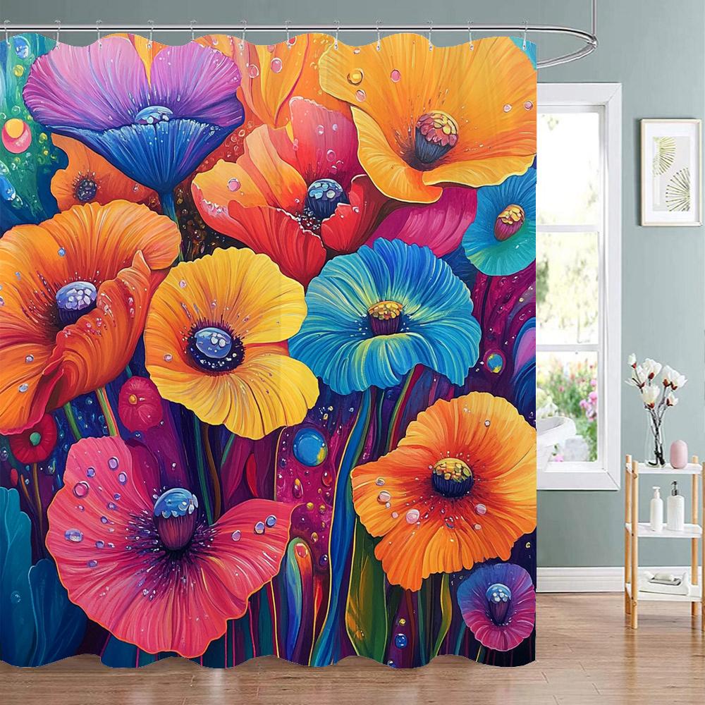 Dunika Chen Colorful Flowers Shower Curtain, Bathroom Decorative Shower Curtain, Waterproof Printed Fabric Shower Curtain With Hooks