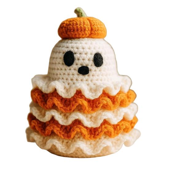 Halloween Crochet Ghost Handmade Knitted Ghost with Pumpkin Hat Cute Plush Ghost Tabletop Decoration for Desk Bookshelf Home Decor