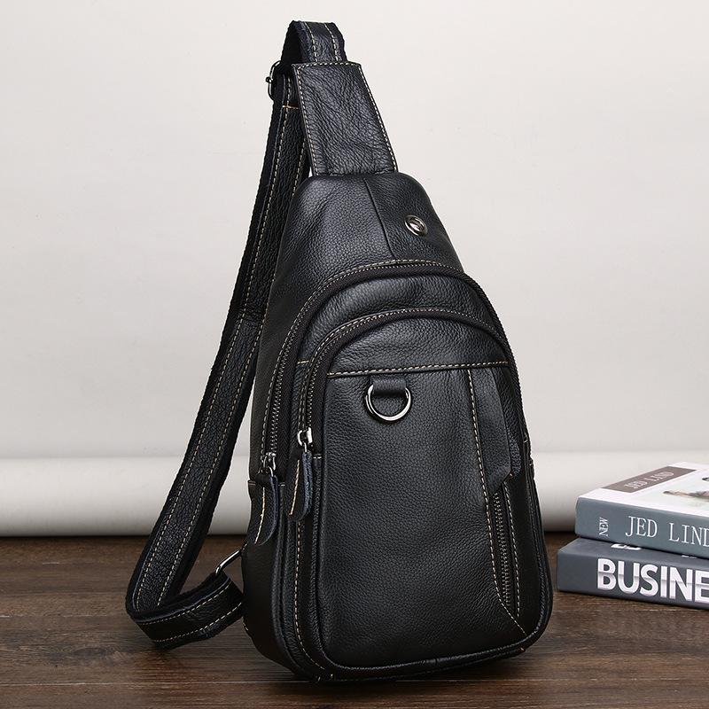 Leather Men S Breast Bag Casual Messenger Bag Urban Simple First Layer Cowhide Men S Chest Bag Trendy Shoulder Bag чёрный