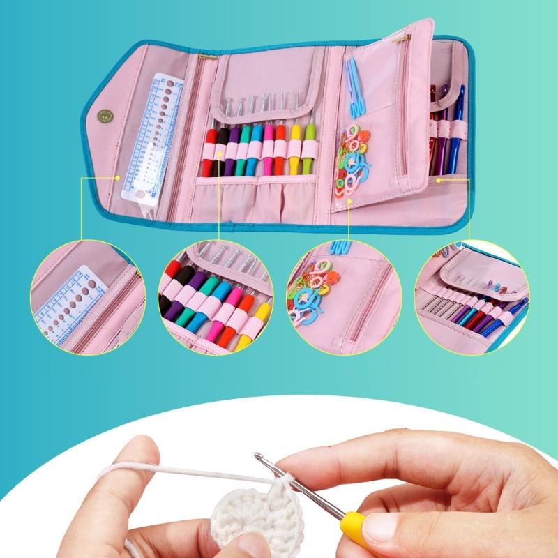 Mehrzweck Häkelnadel Organizer Taschen mit Reißverschlusstasche und elastischen Einschubfächern Tragbare Stricknadel Aufbewahrungstasche