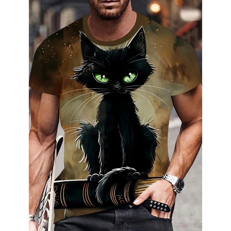 3D Cute Cat Men's T-Shirt, Funny Animal Print Short Sleeve, Harajuku Street Style Top, Crew Neck