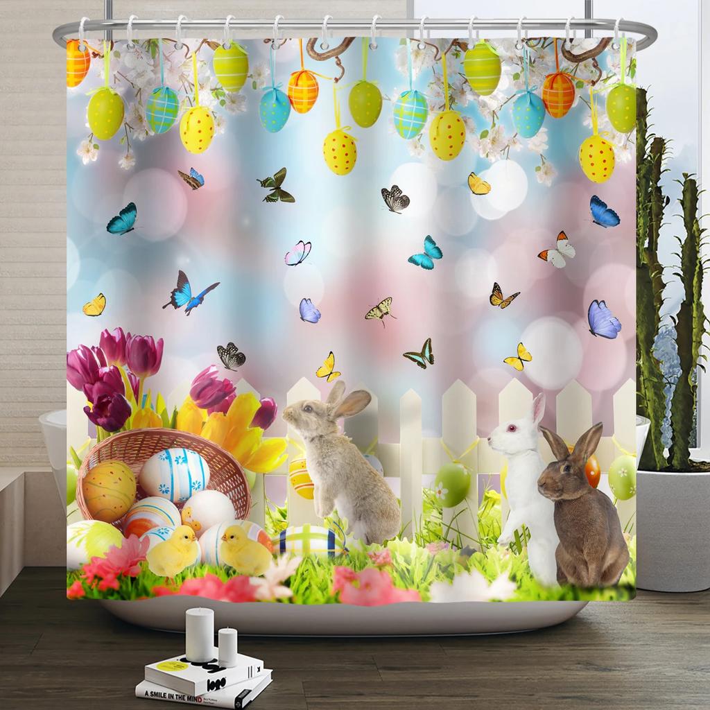 Spring Easter Shower Curtain Happy Rabbit Bunny Eggs Flower Garden Floral Holiday Waterproof Bathroom Shower Curtain With Hooks