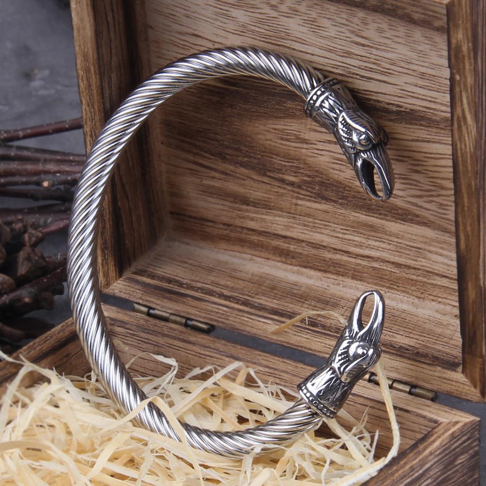 Edelstahl Nordische Wikinger Wikinger Rabe Armband Herren Armband Manschettenarmbänder mit Wikinger Holzkiste