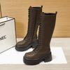 Thick-soled Knight Boots Women's 2025 Autumn and Winter New Black Heightening Boots Versatile Lace-up Boots Fashion Women's Boots Trend