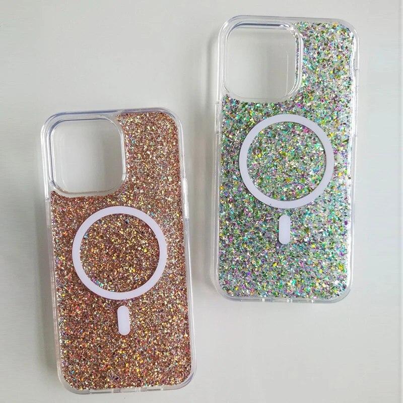 Clear Glitter Bling Magnetic Case for iPhone 14 13 12 Pro Max Plus Cover for MagSafe Wireless Charging Soft Silicone Cover Funda