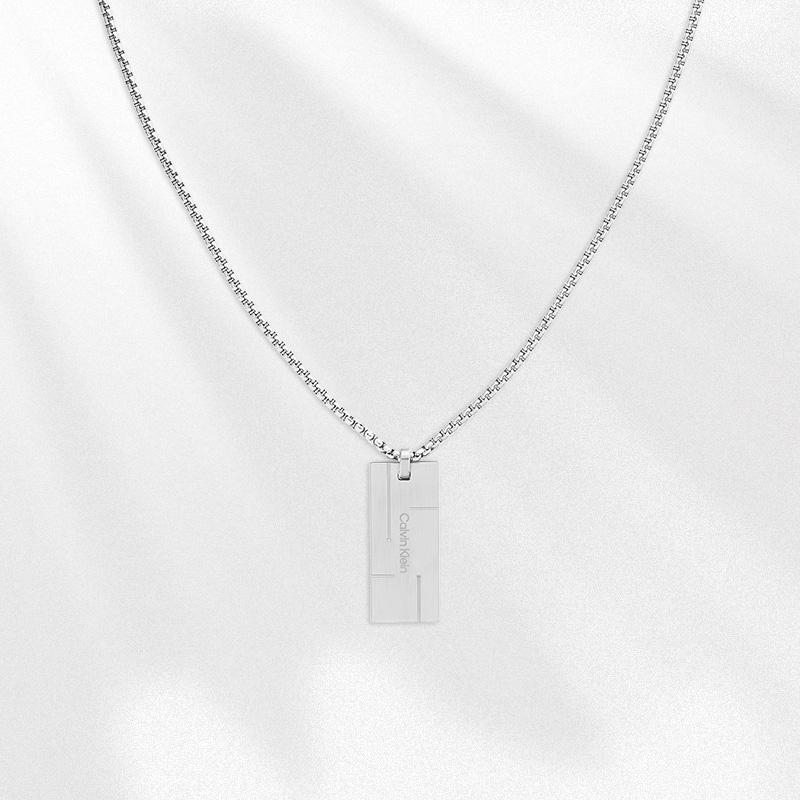 Calvin Klein Stylish Series Charming Trendy Lobster Clasp Small Square Tag Steel Necklace Men's 31885495 LX001795-000-steel color OS