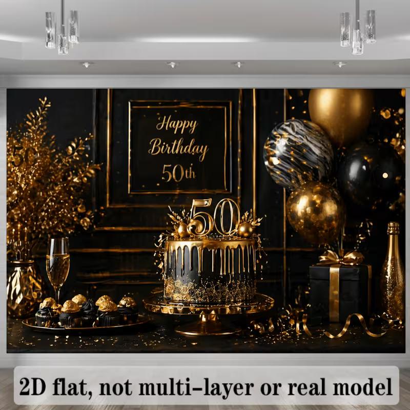 2D Black Gold Glitter 50th Birthday Background Banner for Adult Anniversary Party Decor