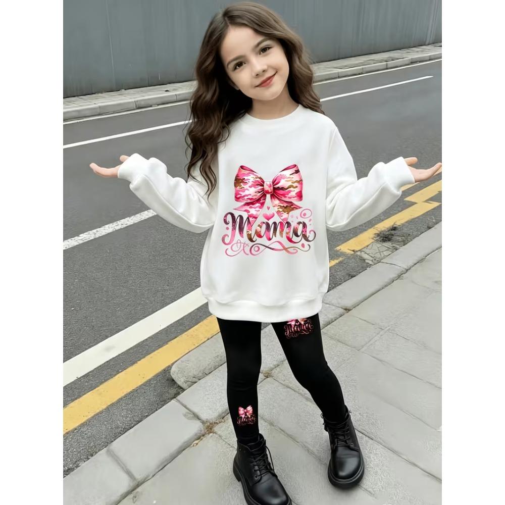 Girls' Glitter Bow Casual Comfortable Soft Loose Pullover Sweatshirt and Leggings 2-Piece Set, New Autumn/Winter, Playful, Sweet and Cool Style
