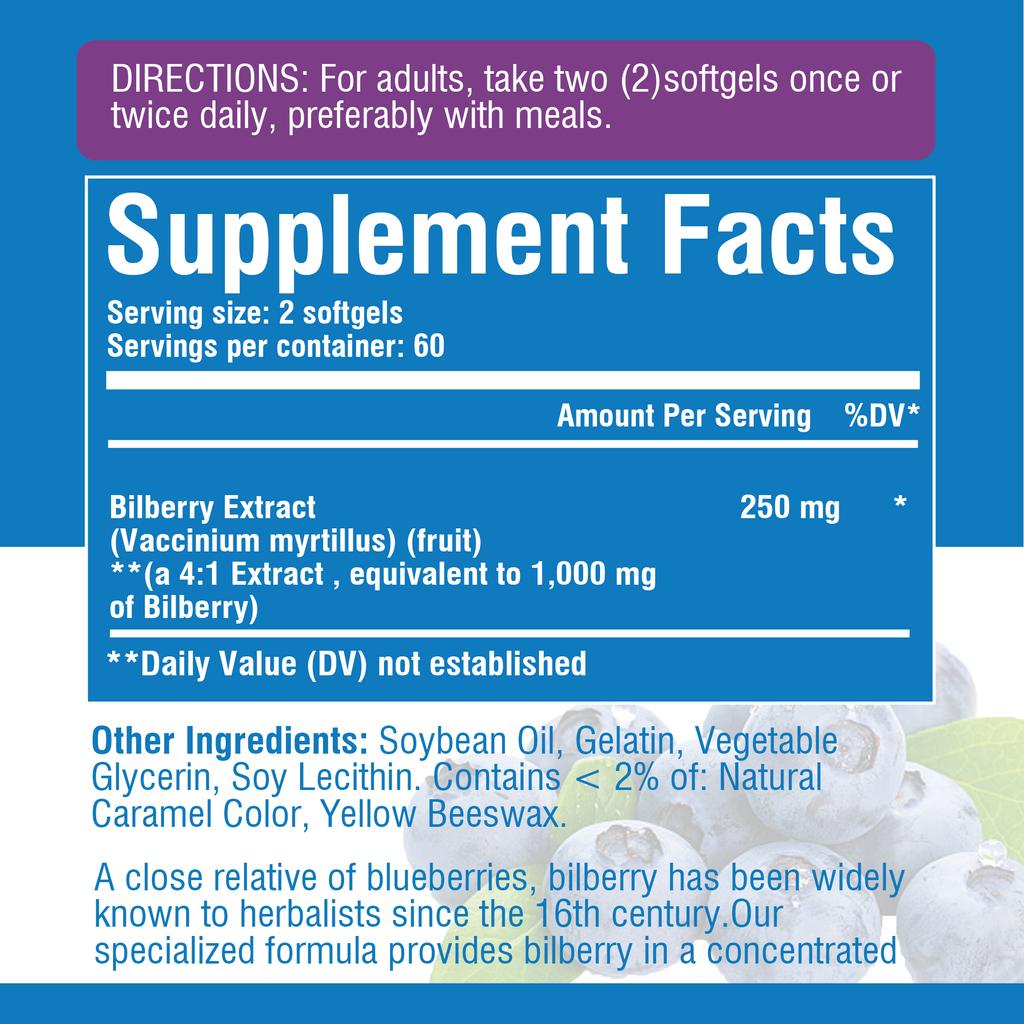 Bilberry Fruit Extract 1000mg - Eye Care & Vision Health, Antioxidant Supplement