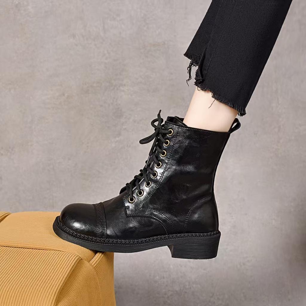 Martin boots women's autumn and winter new round head flat bottom strap short boots velvet knight boots thick heel cotton boots