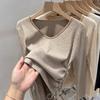 Autumn Winter V-neck Beading Shirring Waist T-shirt Women Long Sleeve All-match Bottomed Pullover Tee Knitting Top