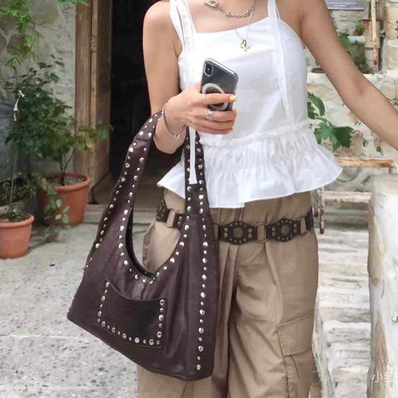 Borsa Sottobraccio a Rivetti Retro Stile Wasteland Borchie Metalliche Borsa da Moto, Borsa a Mano da Donna in Pelle Cerata ad Olio Marrone Borse a Tracolla Laterali