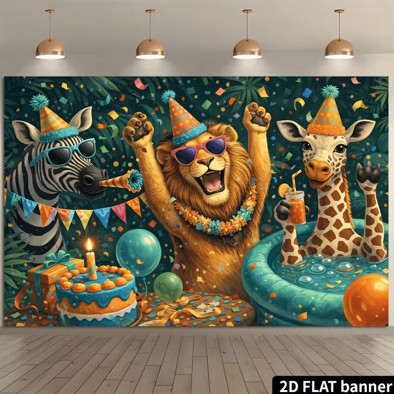 2D Tropical Safari Wild Animal Kids Birthday Cake Smash Photography Backdrop Decor