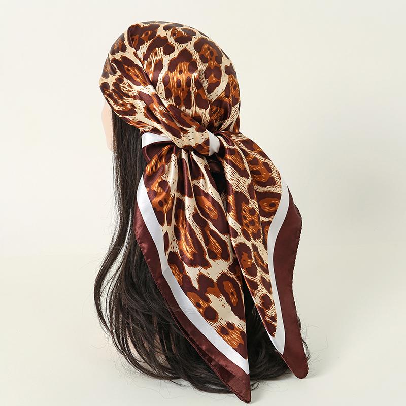Luxury Square Silk Scarf Leopard Bandana Foulard Satin Hijabs for Women Summer Soft Neckerchief Party Hair Accessories 90x90cm
