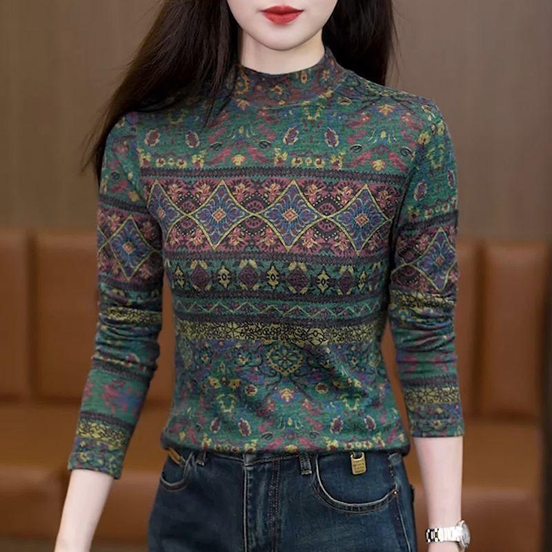 

Bottom shirt 2025 autumn and winter new fashion inner with retro printed striped inner top tide 4XL темно-зелений колір