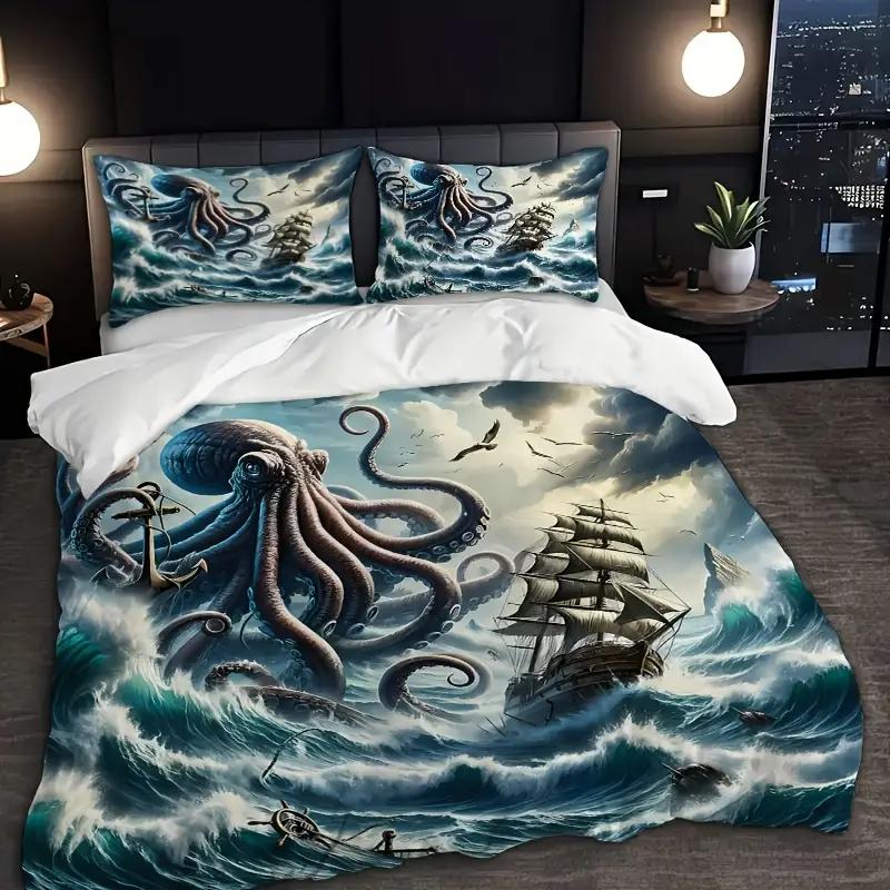 Vintage Octopus Duvet Cover Set, Nautical Sea Life Print Quilt Cover, Soft Comfortable Breathable Bedding Set For Home Decor