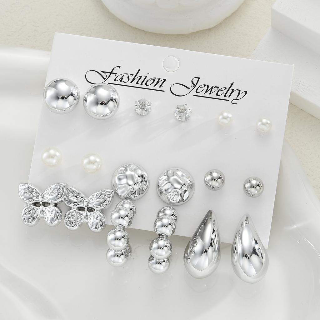 9 Pairs Bohemian Butterfly Earring Set for Women Silver Color Pearl Zircon Geometric Water Drop Earrings Daily Wear Jewelry Gift