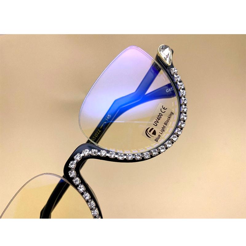 Transparent Diamond Cut Cat Eye Readers For Women Stylish Anti Blue Light Half Frame Rhinestone Glasses Premium Designer Style Eye Glasses