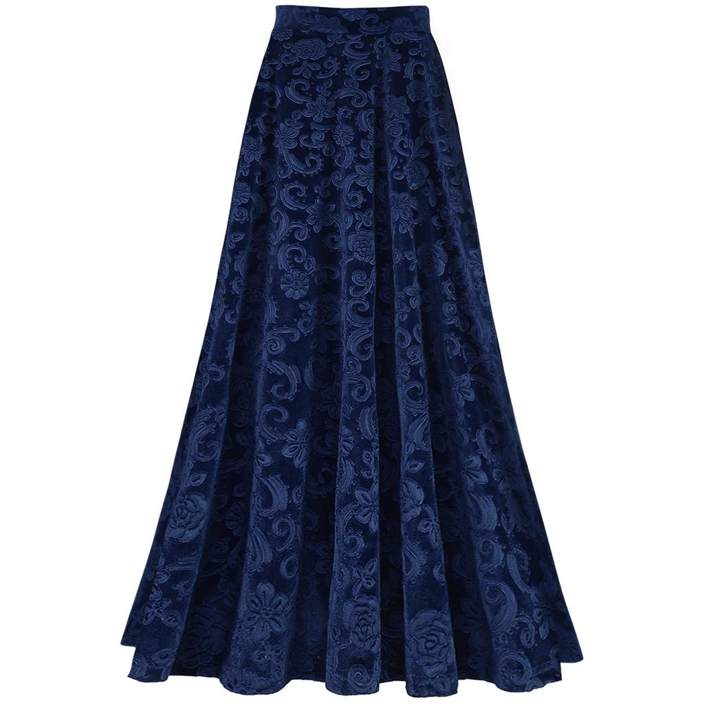 Women Retro Floral Print Skirt Elastic Waistband Solid Color Vintage Style for Wedding Party Banquet