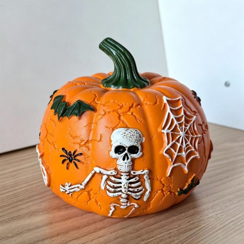 Illuminated Plastic Pumpkin Ornament with Skeleton Web Detail for Halloween Party Decoration, and Table Shelf and Entryway