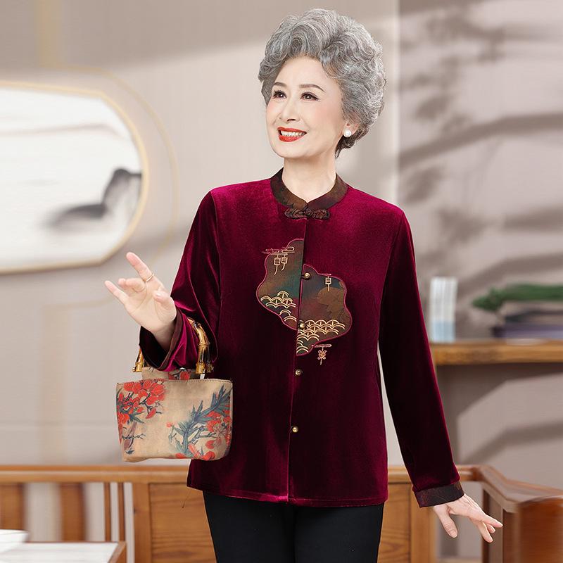 

Stylish Long-Sleeve Tang Suit Shirt for Middle-Aged & Elderly Women XL (suggested weight 85-100 jin) вина червоного кольору