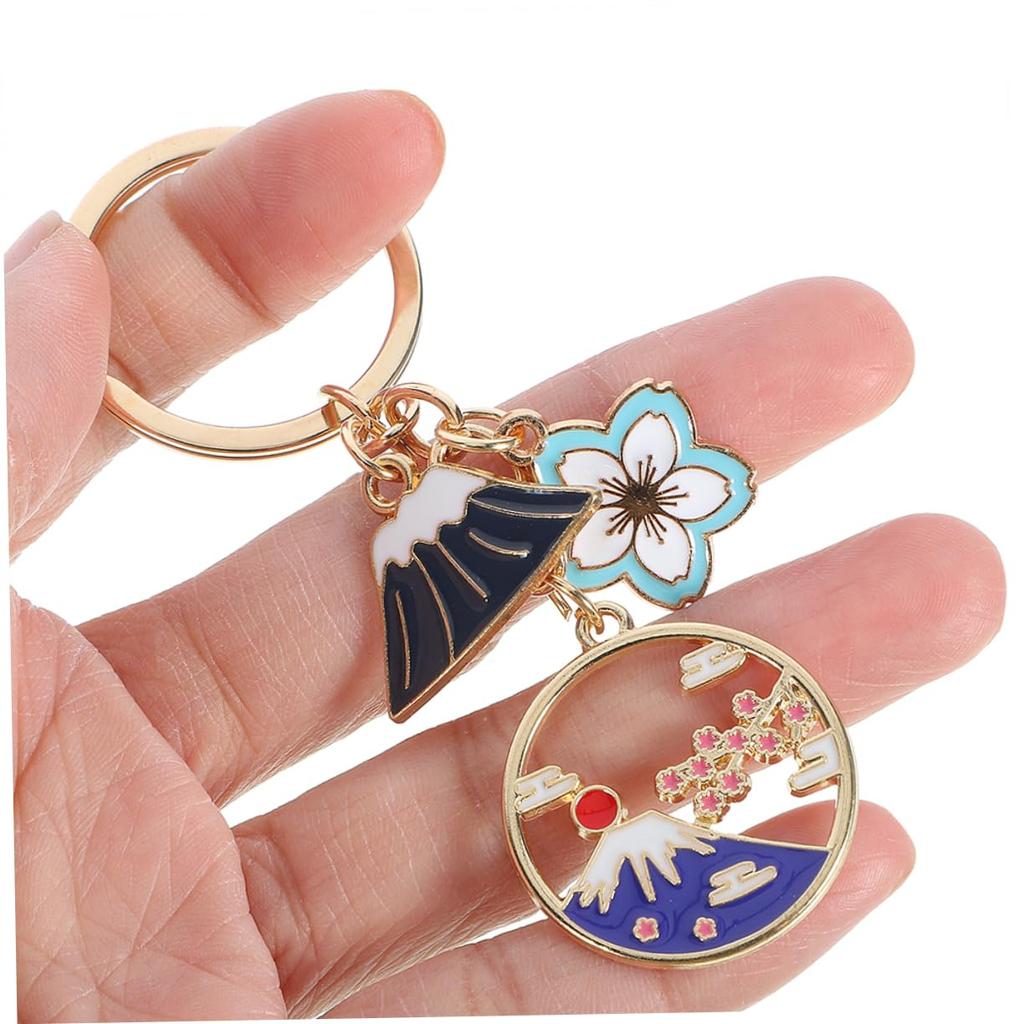 [FRCOLOR] Cherry Blossom Keychains, Set of 5, Enamel Flower and Mount Fuji Motif, Japanese Style, Zinc Alloy, Attachable To Bags, Keys, Wallets, and