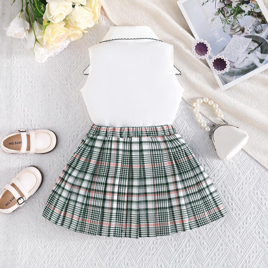 2PCS Baby Girl Sleeveless Shirt & Plaid Pleated Skirt Set, Preppy Style Casual Outf