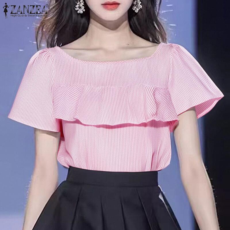 ZANZEA Women Casual Round Neck Short Sleeve Stripe Ruffles Blouse