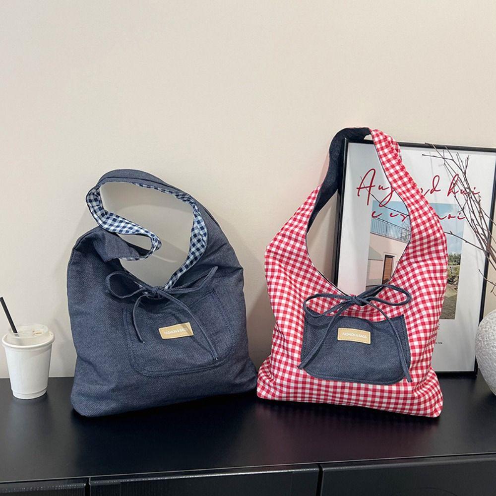 Lattice Double Sided Plaid Denim Vest Bag Japanese Style Canvas Tote Bag  Student