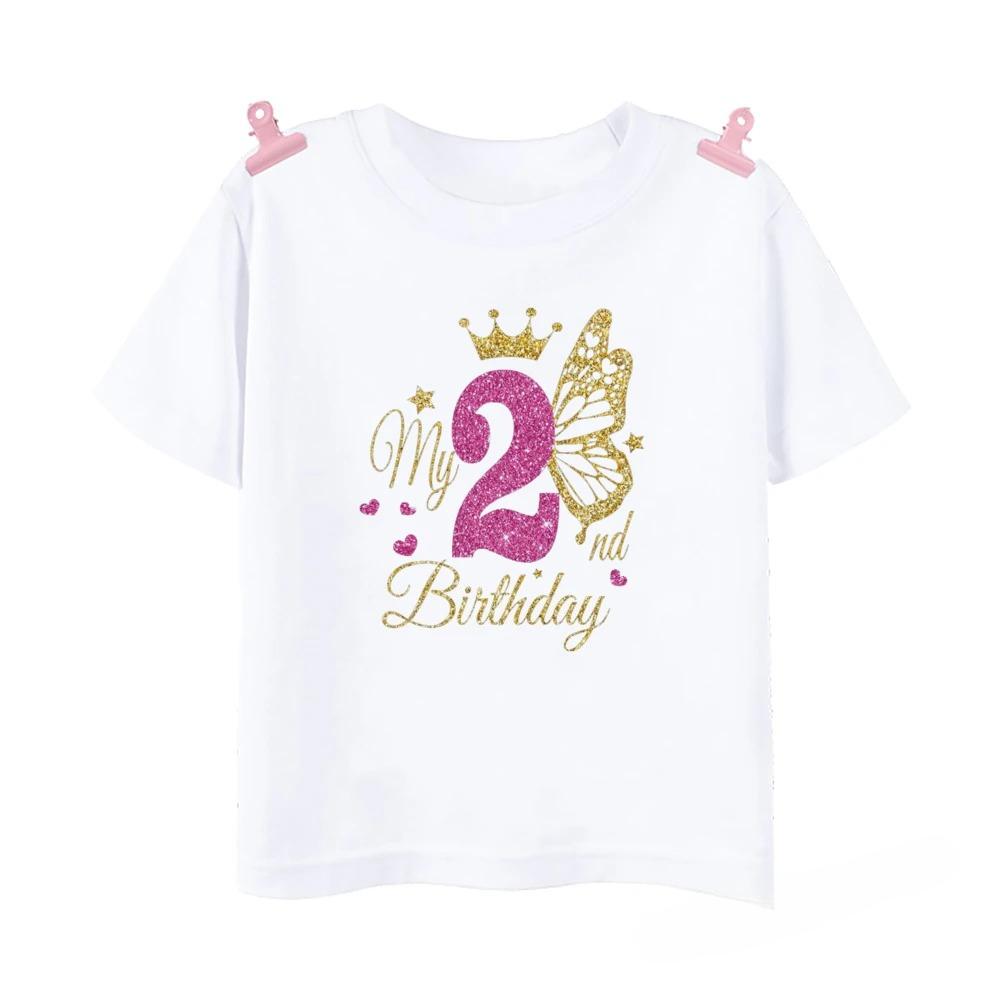 Girl's Birthday 1-12, Wild T-shirt, Children's Butterfly Printed Fashion Top, Short Sleeve T-shirt