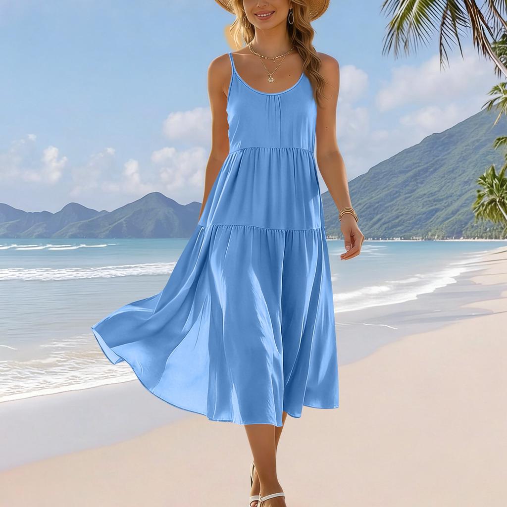 Zomerjurk voor dames, mouwloos, met verstelbare bandjes, bohemien, midi, met zakken, voor strandvakantie, casual kleding