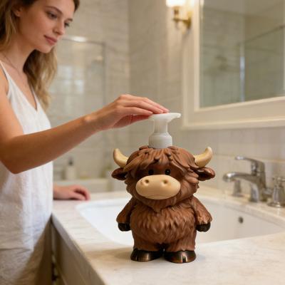 Yousheng Soap Dispenser Highland Cow Figurine Handmade Design Soap Pump No Spill Bathroom Kitchen Lotion Bottle