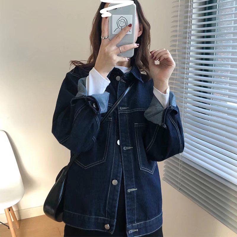 Korean Retro Denim Jacket for Women - Loose Fit, Large Size, Dark Wash, Spring & Autumn 2024