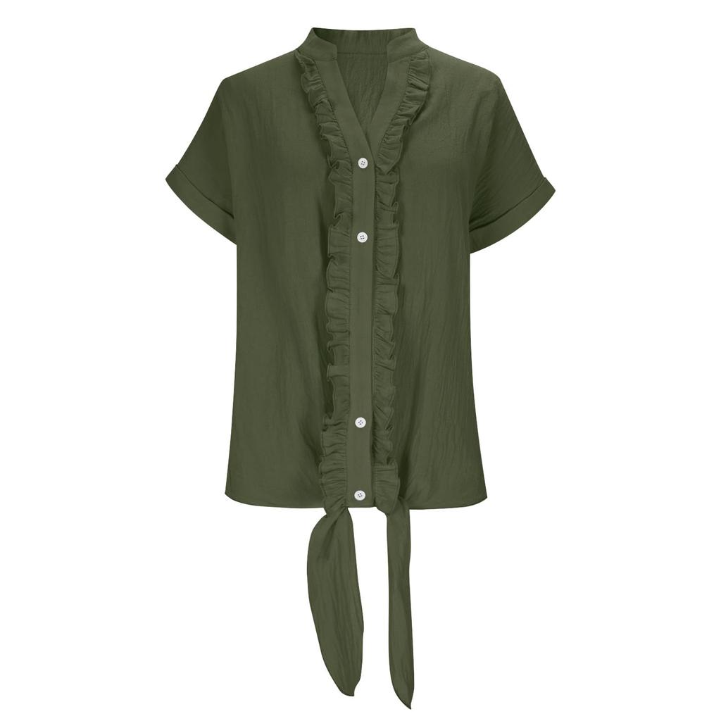Women's Casual Short-Sleeve Cotton Linen Ruffled Button-Up Shirt