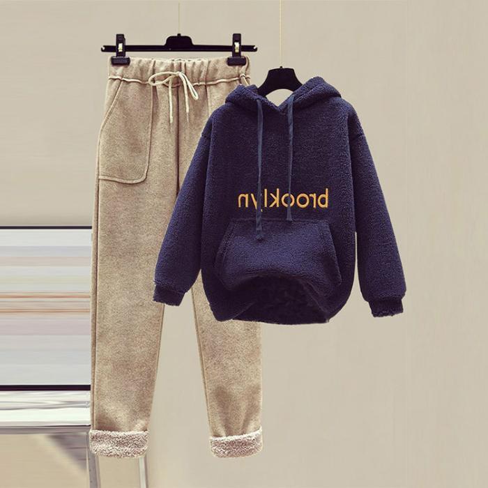 Women's Korean-Style Fleece-Lined Sweatshirt & Nine-Point Wool Pants Set
