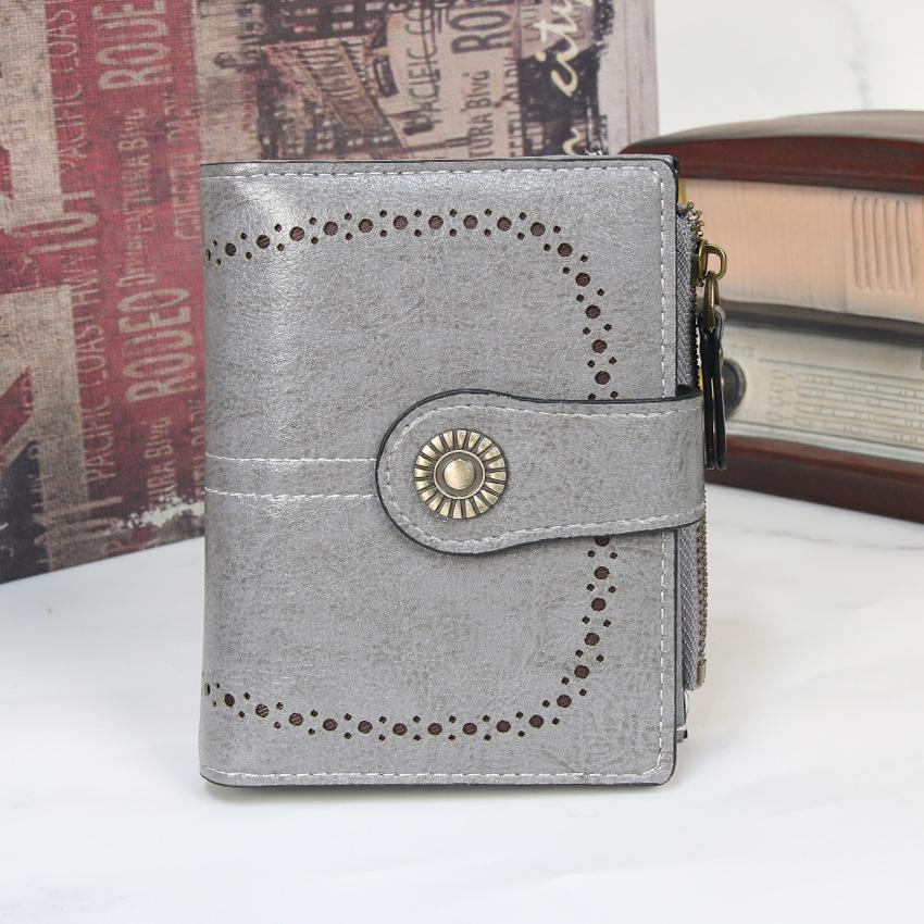 Women Short Hollow-Out Wallet Vintage PU Leather Multi Card Holder Zipper Coin Purse Small Lady 3 Fold Clutch Wallet