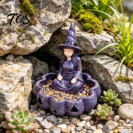Halloween Party Decoration Meditating Witch Garden Bird Feeder, Resin Sitting Statue Wild Food Station Outdoor Wall Mounted Feeder for Deck Yard Porch