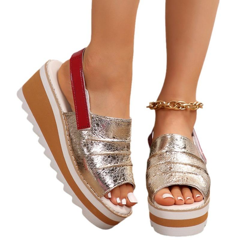 Large size wedge heel fish mouth sandals women's summer new one-word belt outside wearing beach sandals