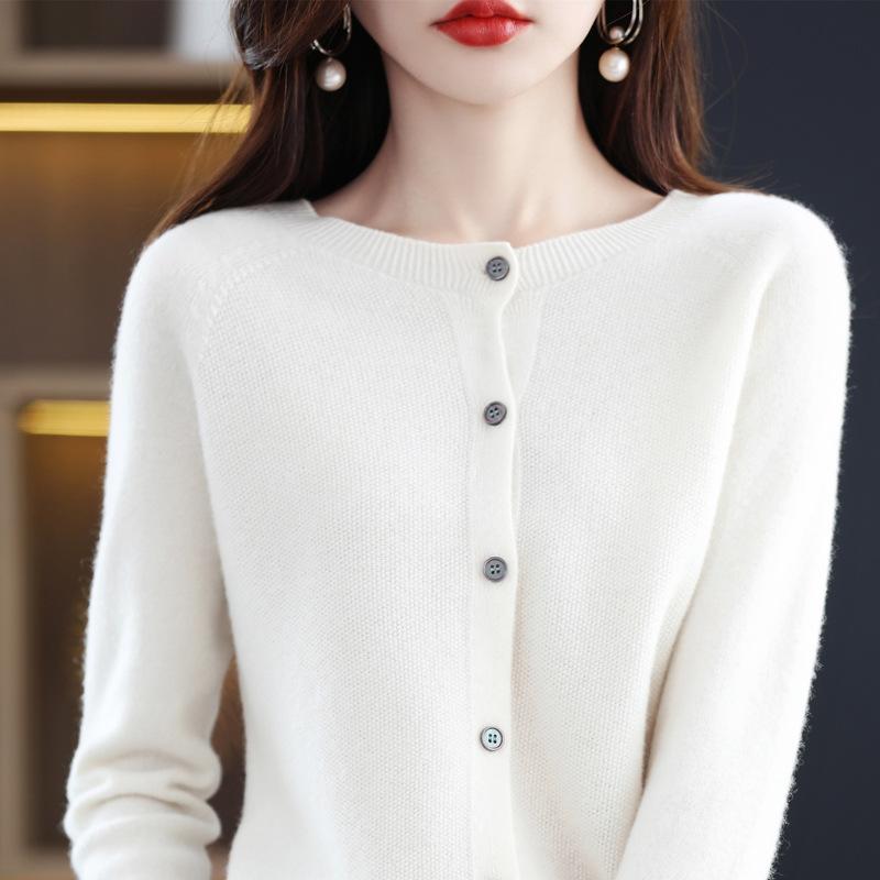 First-line Ready-to-wear Round Neck Womens Wool Cardigan Spring and Autumn Latest Simple Slim Sweater Knitted Sweater Jacket Top