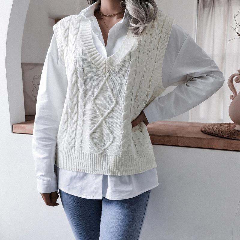 Women Spring Fall Knitted Vest Sweater Jumper Pullovers Top V-neck Twist Collar Sleeveless Loose Waist Solid Color S-L