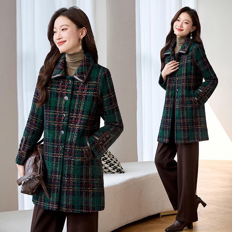 

Женское клетчатое шерстяное пальто в корейском стиле - осенне-зимнее средней длины, модная верхняя одежда на хлопковой подкладке XXXL (67.5-72.5 kg) зелёный