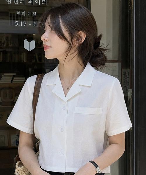 KOLEAT Linen White Slim Short Sleeve Shirt [Crop]