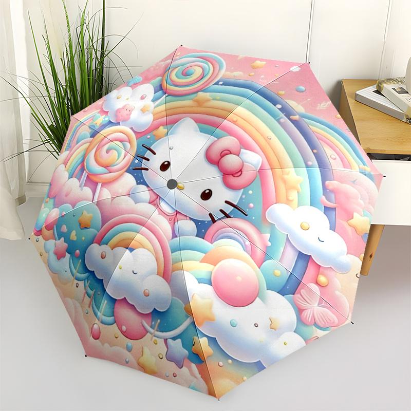 

1pc Hello Kitty Clouds Automatic Opening Folding Umbrella - Portable 3-Fold Design with Iron Frame, Perfect for Outdoor Use, Festive Gifts, Fans, Trav