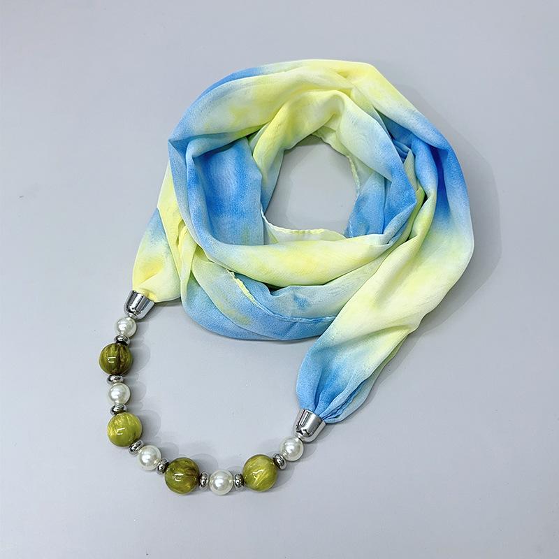 Chic Printed Scarf Necklace with Pearl and Bead Accents – Lightweight Chiffon Infinity Scarf for Women, Fashion Statement Accessory