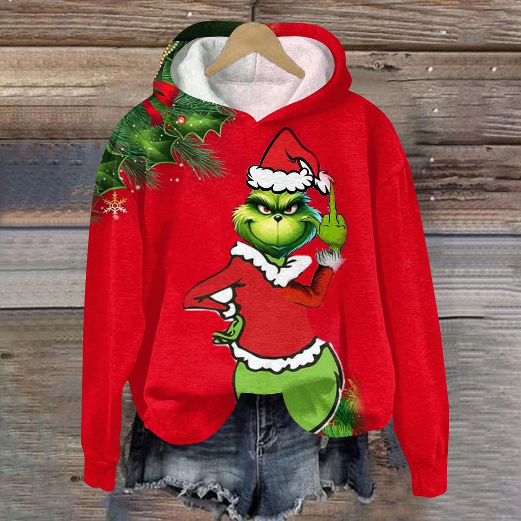 Ladies' Christmas Greentown Print Casual Long Sleeved Hooded Sweatshirt Top